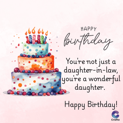 HAPPY
Birthday
You're not just a
daughter-in-law,
you're a wonderful
daughter.
Happy Birthday!
Crafto