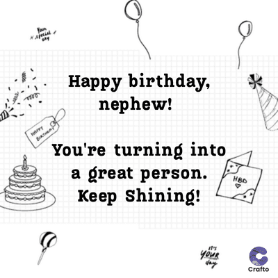 HAPPY
Yan
Happy birthday,
nephew!
You're turning into
a great person.
Keep Shining!
it's
your
HBD
day
Crafto