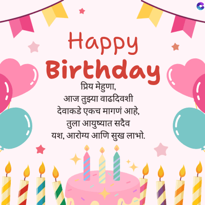 Happy
Birthday
प्रिय मेहुणा,
आज तुझ्या वाढदिवशी
देवाकडे एकच मागणं आहे.
तुला आयुष्यात सदैव
यश, आरोग्य आणि सुख लाभो.
C