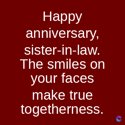 Happy
anniversary,
sister-in-law.
The smiles on
your faces
make true
togetherness.