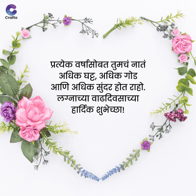 Crafto
प्रत्येक वर्षांसोबत तुमचं नातं
अधिक घट्ट, अधिक गोड
आणि अधिक सुंदर होत राहो.
लग्नाच्या वाढदिवसाच्या
हार्दिक शुभेच्छा!