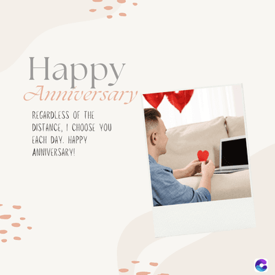 Happy
Anniversary
REGARDLESS OF THE
DISTANCE, I CHOOSE YOU
EACH DAY. HAPPY
ANNIVERSARY!