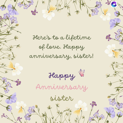Here's to a lifetime
of love. Happy
anniversary, sister!
Happy
Anniversary
sister