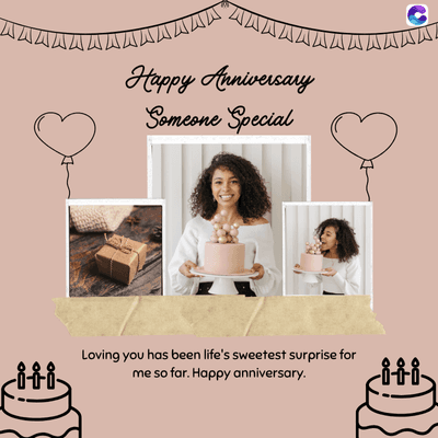 A A A A A A A AA”
AAAAAAA
Happy Anniversary
Someone Special
C
INT
iii
Loving you has been life's sweetest surprise for
me so far. Happy anniversary.
iii