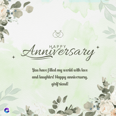 &
Anniversary
You have filled my world with love
and laughter! Happy anniversary.
girlfriend!