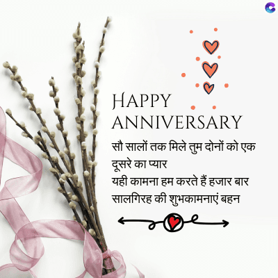 HAPPY
ANNIVERSARY
सौ सालों तक मिले तुम दोनों को एक
दूसरे का प्यार
यही कामना हम करते हैं हजार बार
सालगिरह की शुभकामनाएं बहन