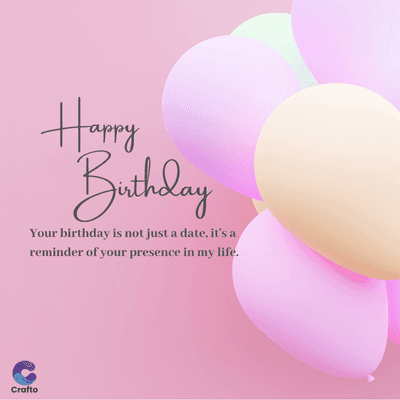 Crafto
Happy
Birthday
Your birthday is not just a date, it's a
reminder of your presence in my life.