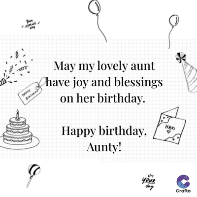 HAPPY
Yan
May my lovely aunt
have joy and blessings
on her birthday.
Happy birthday,
Aunty!
HBD
it's
your
day
Crafto