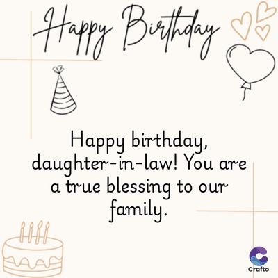 Happy Birthday
E
Happy birthday,
daughter-in-law! You are
a true blessing to our
family.
Crafto