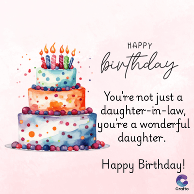 HAPPY
Birthday
You're not just a
daughter-in-law,
you're a wonderful
daughter.
Happy Birthday!
Crafto