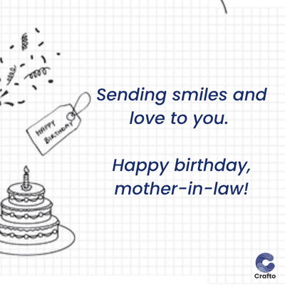 0000
HAPPY
BIRTHDAY
Sending smiles and
love to you.
Happy birthday,
mother-in-law!
Crafto