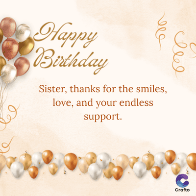 Happy
Birthday
Sister, thanks for the smiles,
love, and your endless
support.
Crafto