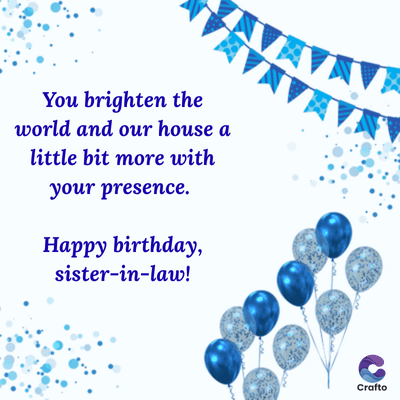 You brighten the
world and our house a
little bit more with
your presence.
Happy birthday,
sister-in-law!
Crafto