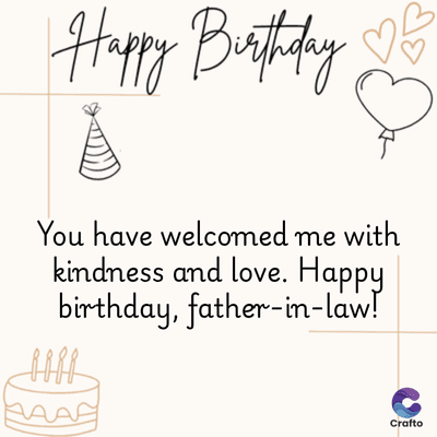 Happy Birthday
E
You have welcomed me with
kindness and love. Happy
birthday, father-in-law!
Crafto