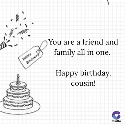 0088
HAPPY
BIRTHDAY
You are a friend and
family all in one.
Happy birthday,
cousin!
Crafto