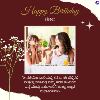 Happy Birthday
sister
ನೀ ನಡೆಯೋ ದಾರಿಯಲ್ಲಿ ಕನಸುಗಳು ಚೆಲ್ಲಿರಲಿ
ನೀನ್ನೆಲ್ಲಾ ಕನಸಿನಲ್ಲಿ ನಮ್ಮ ಹರಕೆ ತುಂಬಿರಲಿ
ನನ್ನ ಮುದ್ದು ಸಹೋದರಿಗೆ ಹುಟ್ಟು ಹಬ್ಬದ
ಶುಭಾಶಯಗಳು