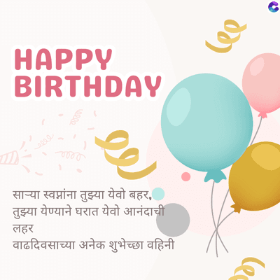 HAPPY
BIRTHDAY
eeee
100.002.
साऱ्या स्वप्नांना तुझ्या येवो बहर,
तुझ्या येण्याने घरात येवो आनंदाची
लहर
वाढदिवसाच्या अनेक शुभेच्छा वहिनी
lee
C