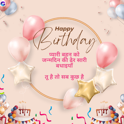 C
ग
Happy
Buthday
प्यारी बहन
जन्मदिन की ढेर सारी
बधाइयाँ
तू है तो सब कुछ है
लग