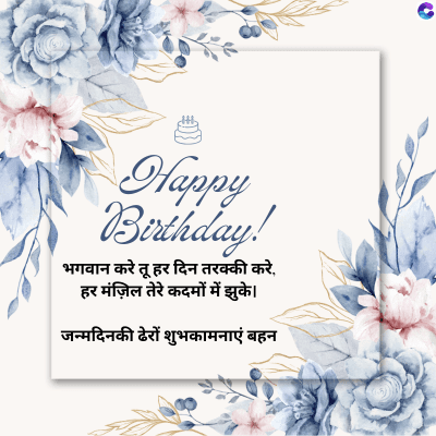 Happy
Birthday!
भगवान करे तू हर दिन तरक्की करे,
हर मंज़िल तेरे कदमों में झुके।
जन्मदिन की ढेरों शुभकामनाएं बहन
C