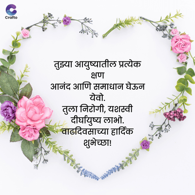 Crafto
तुझ्या आयुष्यातील प्रत्येक
क्षण
आनंद आणि समाधान घेऊन
येवो.
तुला निरोगी, यशस्वी
दीर्घायुष्य लाभो.
वाढदिवसाच्या हार्दिक
શુભેચ્છા!