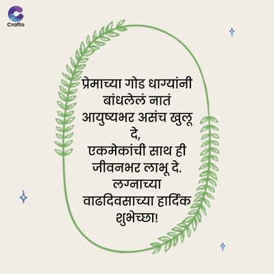C
Crafto
प्रेमाच्या गोड धाग्यांनी
बांधलेलं नातं
आयुष्यभर असंच खुलू
दे,
एकमेकांची साथ ही
जीवनभर लाभू दे.
लग्नाच्या
वाढदिवसाच्या हार्दिक
शुभेच्छा !
x
