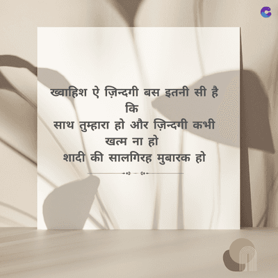 ख्वाहिश ऐ ज़िन्दगी बस इतनी सी है।
साथ तुम्हारा हो और ज़िन्दगी कभी
खत्म ना हो
शादी की सालगिरह मुबारक हो
