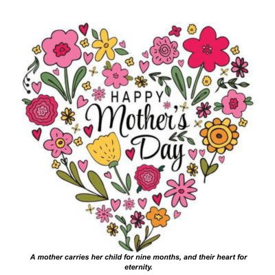 HAPPY
Mother's
Day
A mother carries her child for nine months, and their heart for
eternity.