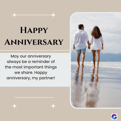 HAPPY
ANNIVERSARY
May our anniversary
always be a reminder of
the most important things
we share. Happy
anniversary, my partner!