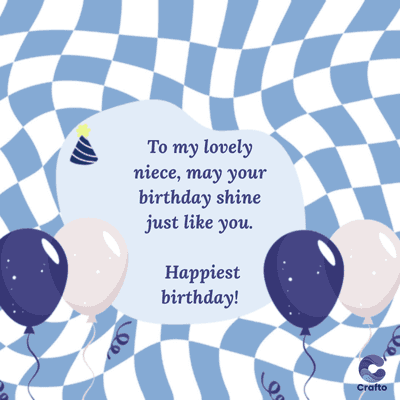 To my lovely
niece, may your
birthday shine
just like you.
Happiest
birthday!
le
es
Crafto