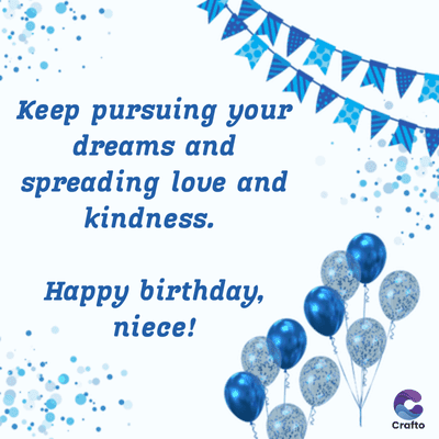 Keep pursuing your
dreams and
spreading love and
kindness.
Happy birthday,
niece!
Crafto