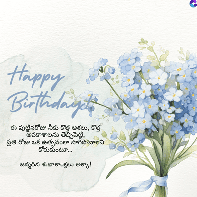 Happy
Birthdaych
ఈ పుట్టినరోజు నీకు కొత్త ఆశలు, కొత్త
అవకాశాలను తెచ్చిపెట్టి,
ప్రతి రోజు ఒక ఉత్సవంలా
సాగిపోవాలని
కోరుకుంటూ...
జన్మదిన శుభాకాంక్షలు అక్కా!