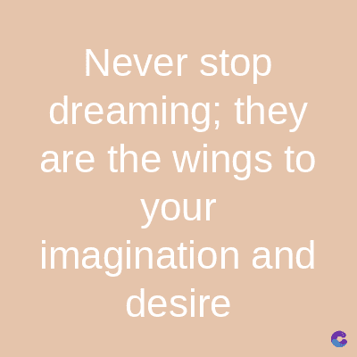 Never stop
dreaming; they
are the wings to
your
imagination and
desire