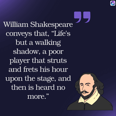 0
William Shakespeare
conveys that, “Life's
but a walking
shadow, a poor
player that struts
and frets his hour
upon the stage, and
then is heard no
more."
99