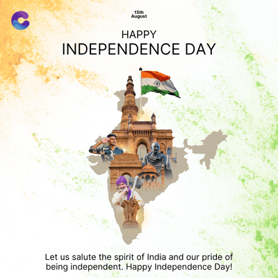 15th
August
HAPPY
INDEPENDENCE DAY
Let us salute the spirit of India and our pride of
being independent. Happy Independence Day!