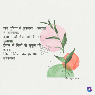 जब दुनिया ने ठुकराया, अल्लाह
ने अपनाया,
दुआ ने वो दिया जो किस्मत ने
छुपाया।
ईमान से मिली वो सुकून की
चादर,
जिसमें लिपट कर हर ग़म
मुस्कराया।
ormallygreatalte